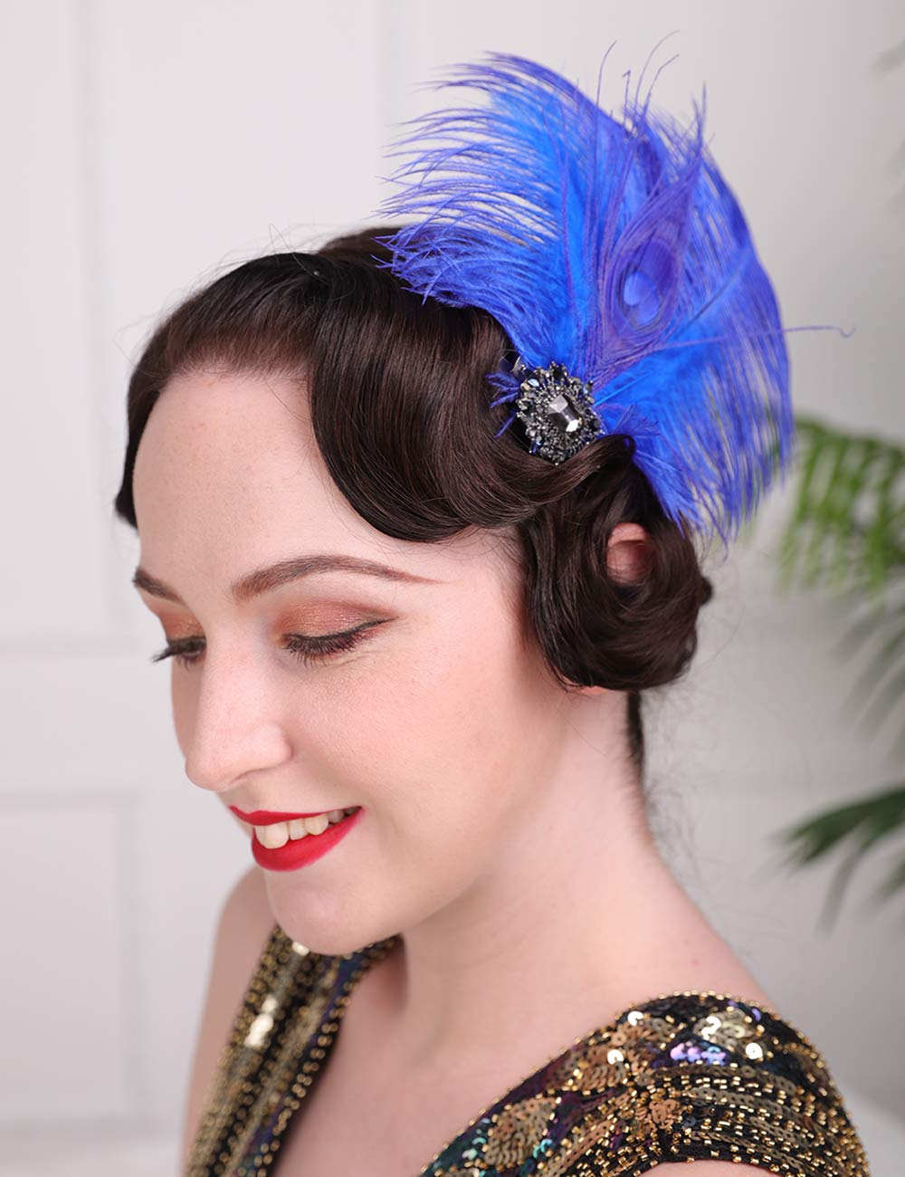 Aimimier 1920s Headpiece Flapper Royal Blue Feather Hair Clip Crystal Roaring 20s Prom Party Festival Hair Accessories for Women Beauty & Personal Care Aimimier