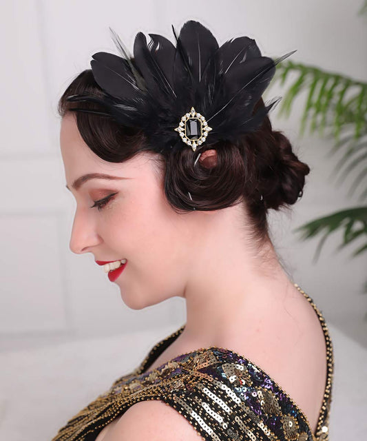 Aimimier 1920s Flapper Black Feather Headpiece Crystal Roaring 20s Feather Hair Clip Masquerade Hair Accessory for Women Beauty & Personal Care Aimimier