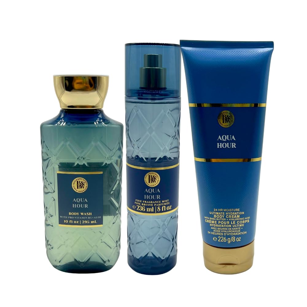 Bath & Body Works AQUA HOUR Fine Fragrance Mist, Ultimate Hydration Body Cream & Body Wash 3-piece Gift Set with a Red Bow for Holidays - Full Size Beauty and Personal Care Bath & Body Works