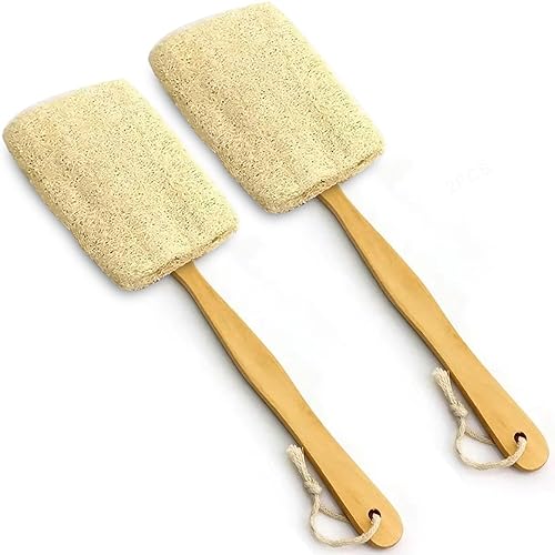 2 Pack Natural Exfoliating Loofah Luffa Loofa Bath Brush On a Stick, Shower Sponge Back Scrubber with Long Wooden Handle for Men & Women, Deep Clean Beauty & Personal Care METLUCK