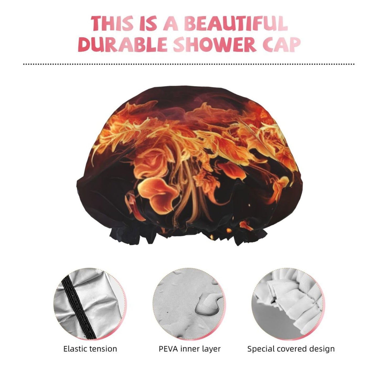 Fire Flowers And Heart Shower Cap For Women Reusable Double Layers Bathing Bath Cap Hair Caps Waterproof Elastic Band Ladies Spa Salon Shower Hat Hair Beauty and Personal Care GDSHJKLW
