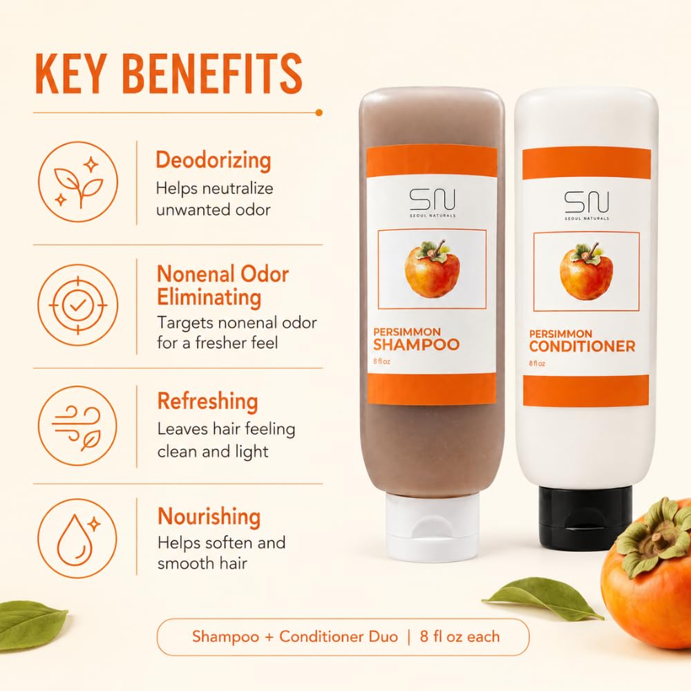 Seoul Naturals Persimmon Shampoo and Conditioner Set, Deodorizing and Nonenal Odor Eliminating, All Natural Ingredients, k beauty inspired, 16fl oz, 2 Beauty & Personal Care Seoul Naturals