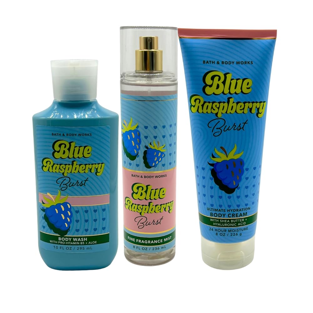 Bath & Body Works BLUE RASPBERRY BURST Fine Fragrance Mist, Ultimate Hydration Body Cream & Body Wash 3-piece Gift Set with a Red Bow for Holidays Beauty and Personal Care Bath & Body Works