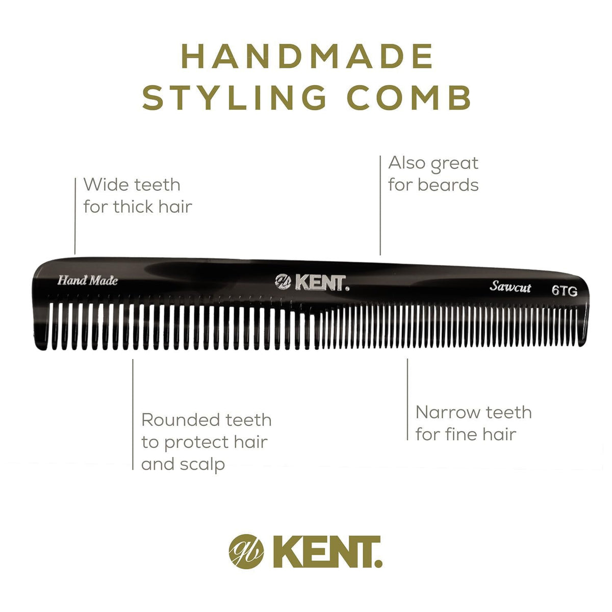 Kent 6T Black Graphite Fine Tooth and Wide Tooth Hair Comb, Handmade Styling Comb for Hair Care, Barber Combs, Beard Combs For Men, Styling Grooming