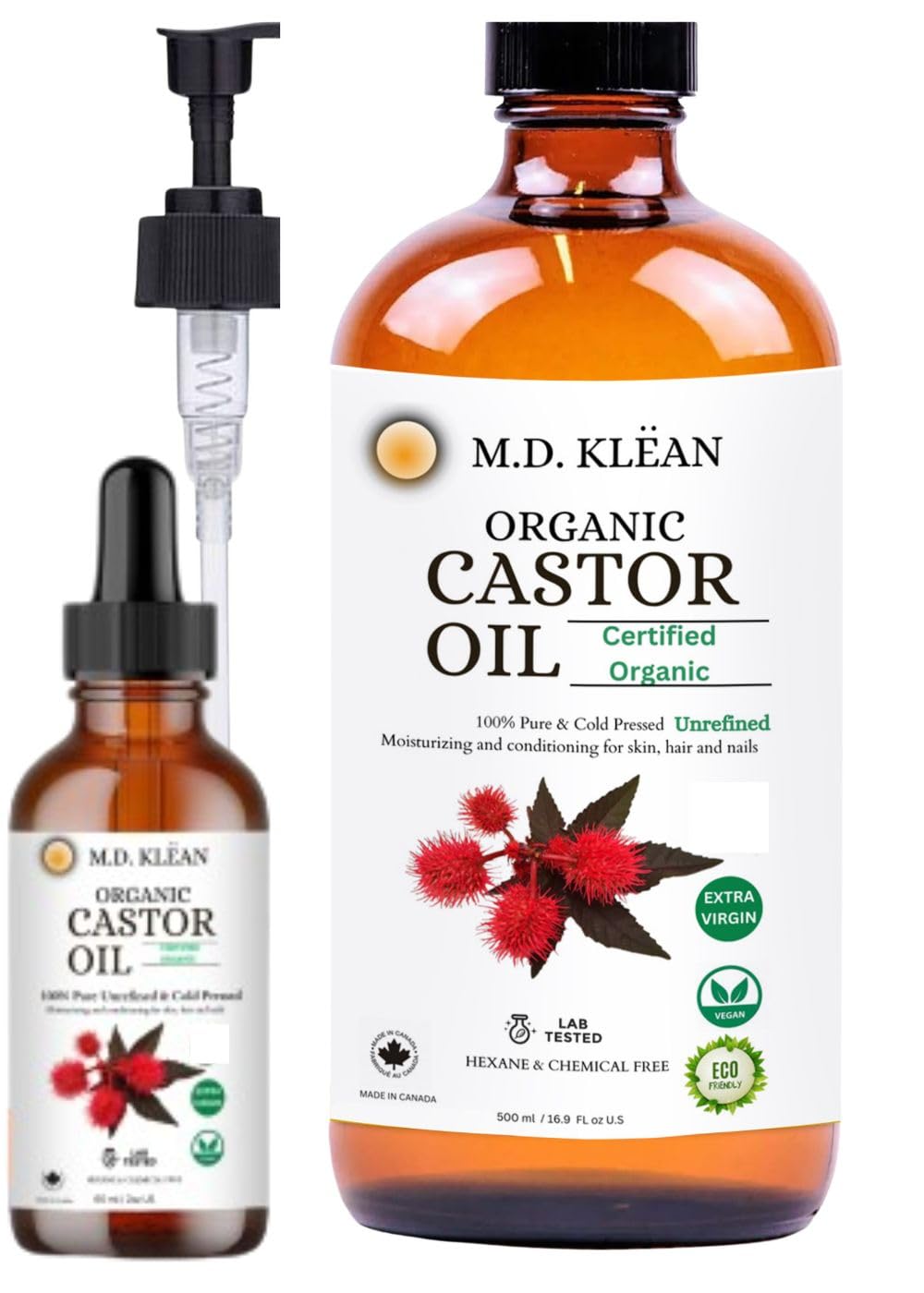 MD KLEAN Organic Castor Oil (500ml w/ 60ml Dropper) 100% Cold Pressed Unrefined Glass Bottles | Hexane Free | Moisturizer and Conditionor Beauty & Personal Care M.D. KLEAN