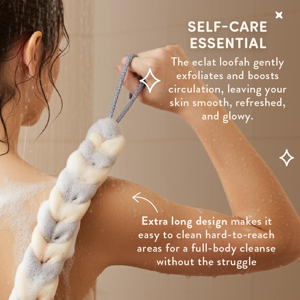 Éclat Long Stretch Back Loofah, Braided Mesh Shower Sponge with Rope Handles, Exfoliating Body Scrubber, Long Handle Bath Pouf for Deep Cleansing Beauty and Personal Care Éclat