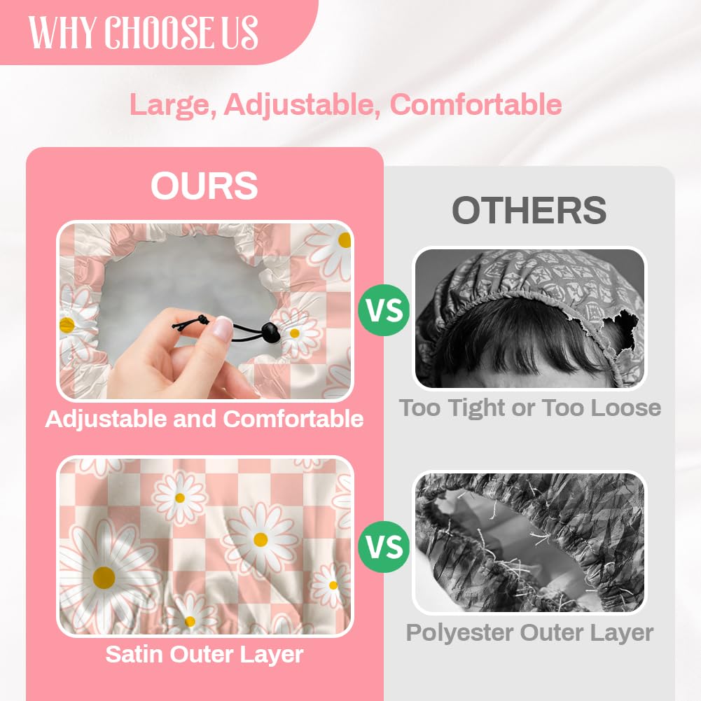 DELORIGIN Pink Daisy Reusable Shower Cap Buffalo Check Double Layer Waterproof Shower Caps Large Elastic Hair Cover Adjustable Hair - Drying Caps Beauty and Personal Care DELORIGIN