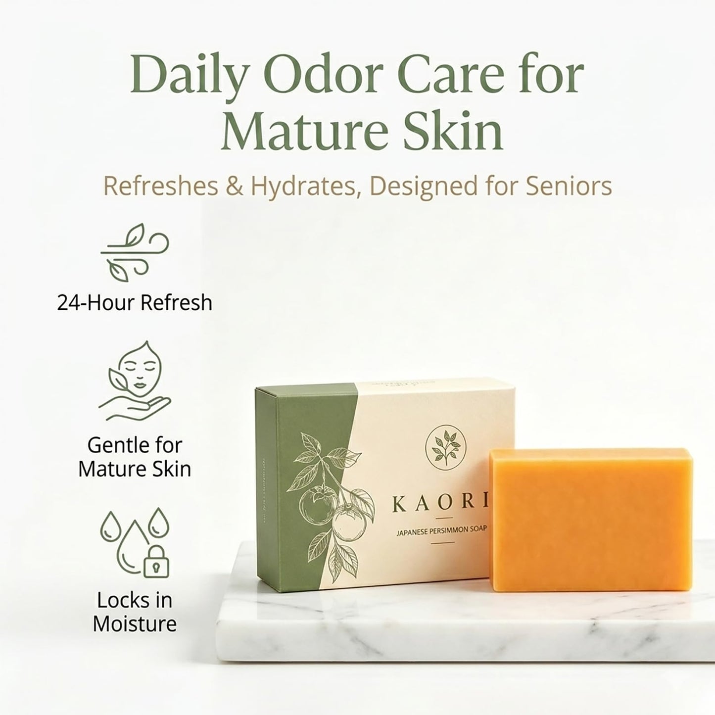 Kaori Deodorizing Persimmon Soap for Old People Smell & Nonenal, Moisturizing Mature Skin, Renewing & Purifying Body Wash, Persimmon Soap for Body Beauty and Personal Care Kalani Glow