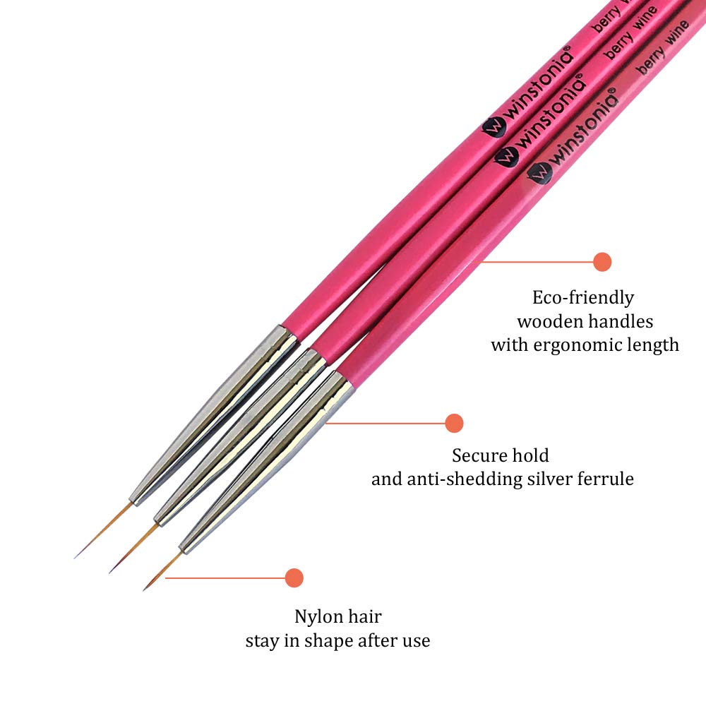 Winstonia Super Fine Nail Art Brush Set for Thin Lines, Tiny Details, Fine Drawing, Delicate Coloring. 3 pcs Brushes Kit - BERRY WINE Beauty & Personal Care Winstonia