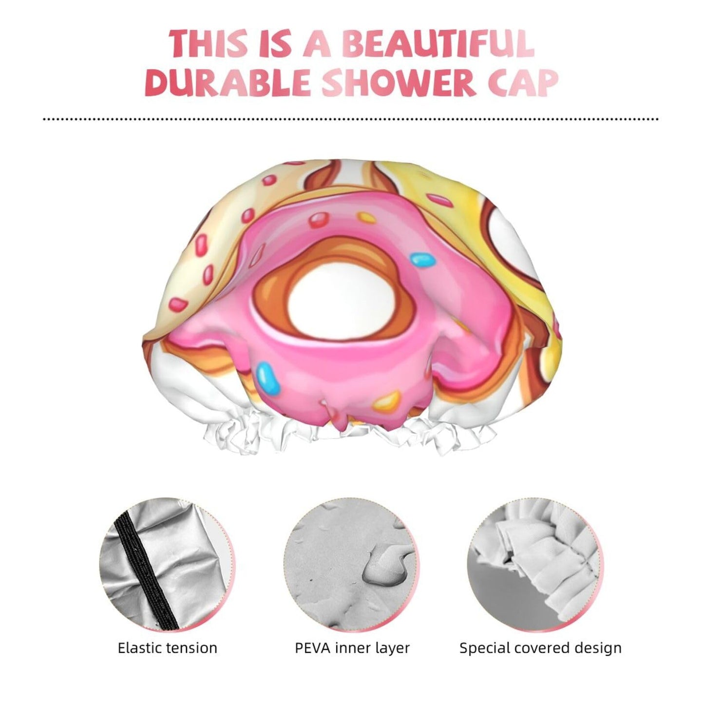 Cute Donuts Shower Cap for Women Men Large Reusable Shower Bonnet Double-Layer Waterproof Bath Caps Elastic Band Hair Hat for All Hairstyles Beauty and Personal Care BWLHJKE