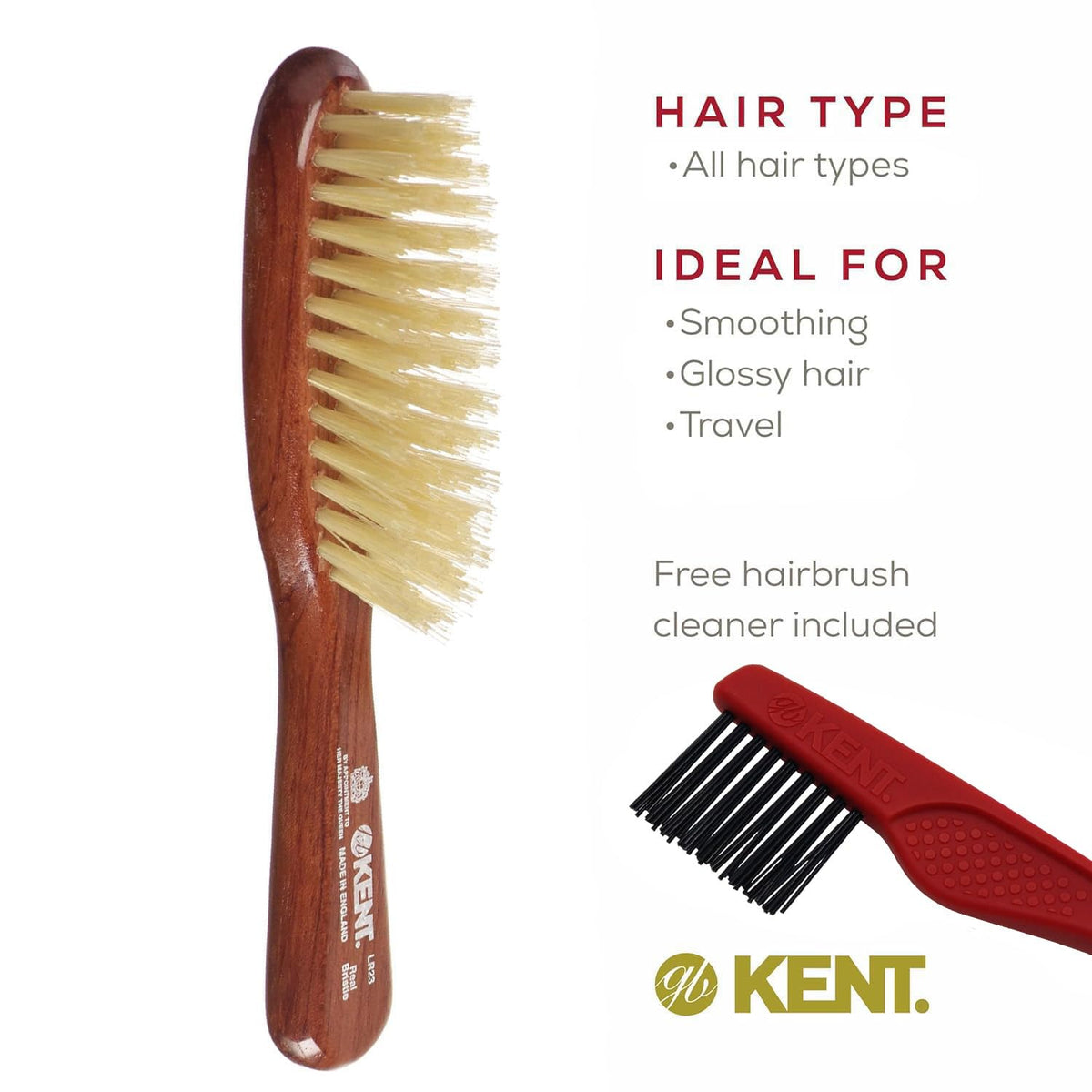 Kent LR23 Finest Ladies Narrow Style, Danta Wood, Pure White Bristle Hair Brush - Short to Medium Length Hair, Handbag Sized, Made in England