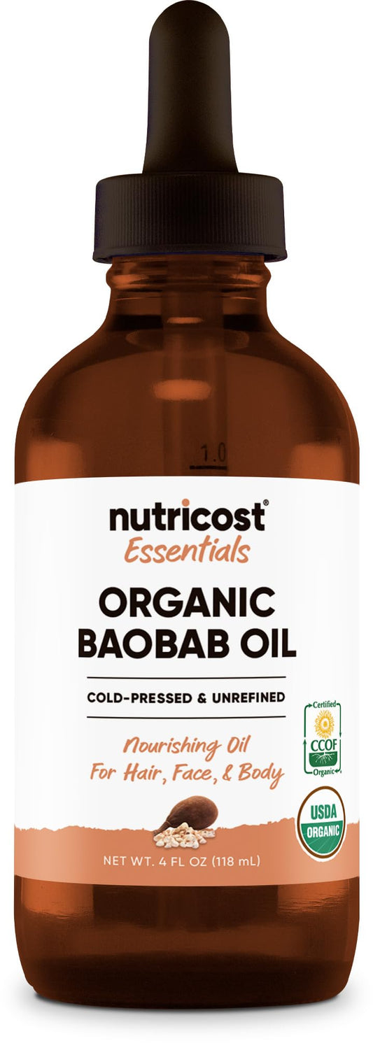 Nutricost Organic Baobab Oil (4 FL OZ) - Nourishing Oil For Hair, Face, & Body, Cold Pressed & Unrefined Beauty & Personal Care Nutricost