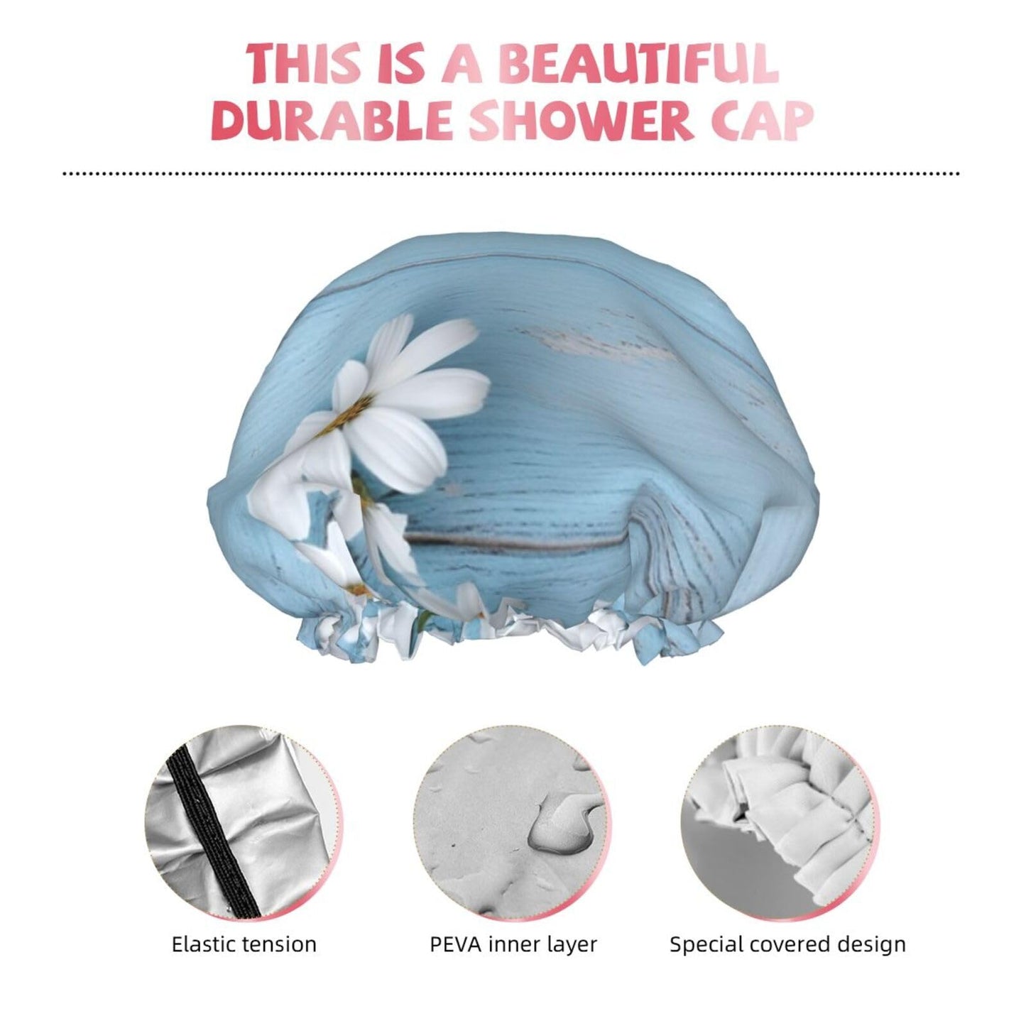 White Flowers Light Blue Wood Shower Cap for Women Men Large Reusable Shower Bonnet Double-Layer Waterproof Bath Caps Elastic Band Hair Hat for All Beauty and Personal Care BWLHJKE