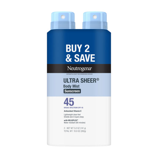 Neutrogena Ultra Sheer Sunscreen Spray SPF 45 Body Mist, Lightweight Non-Greasy Broad Spectrum UVA/UVB Protection, Oil-Free & Non-Comedogenic Water Beauty & Personal Care Neutrogena