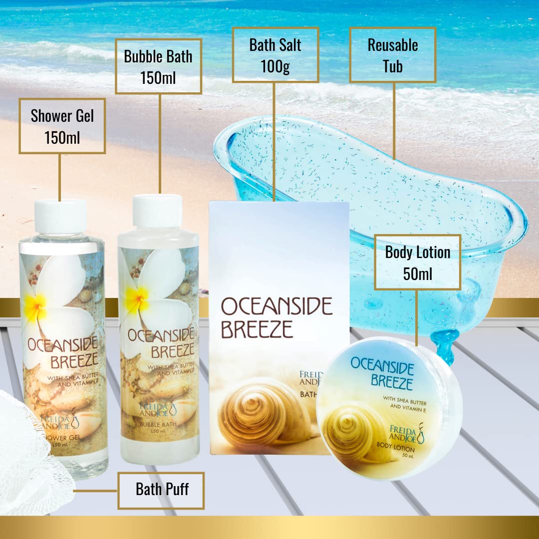 Home Spa Bath Basket Fresh Aquatic Oceanside Breeze Spa Set For Women Bath & Body Set For Women Shower Gel, Bubble Bath, Body Lotion, etc Puff in Blue Beauty & Personal Care Freida and Joe