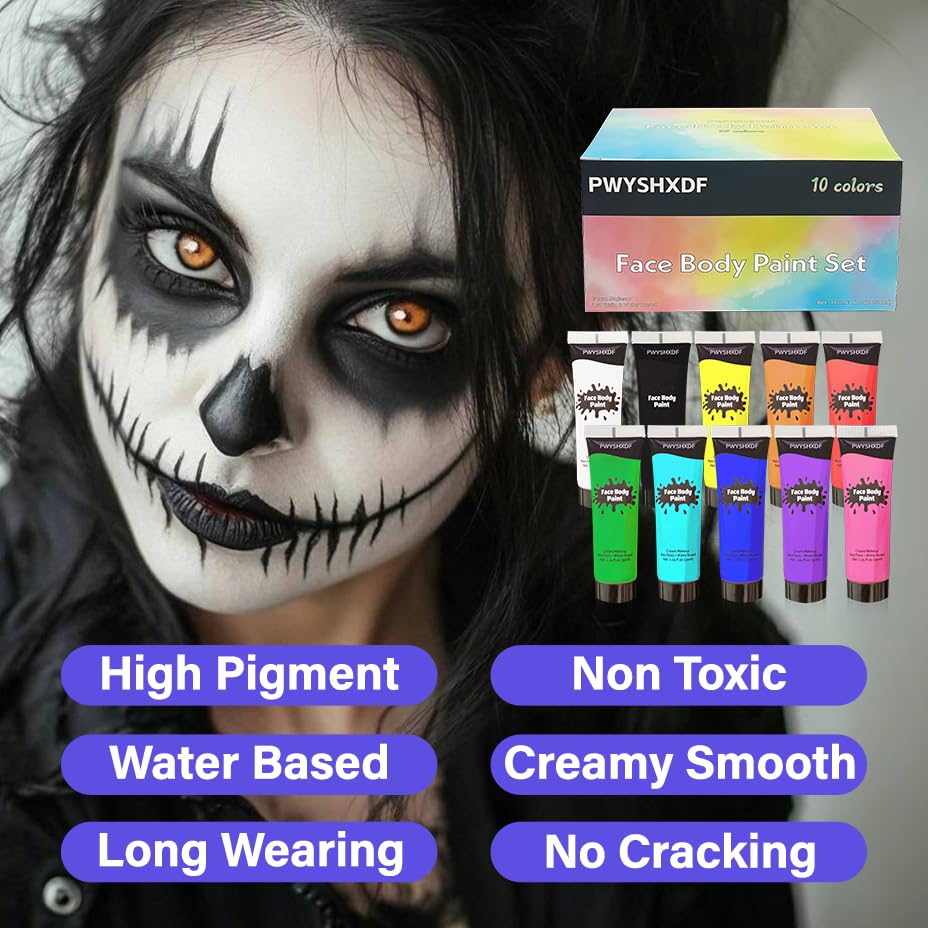 PWYSHXDF 10 Colors Face Body Paint Set, Water Based Body Paint for Adults, Washable Face Paint Kit with Brushes & Sponges, Non-Toxic Face Painting Beauty & Personal Care PWYSHXDF