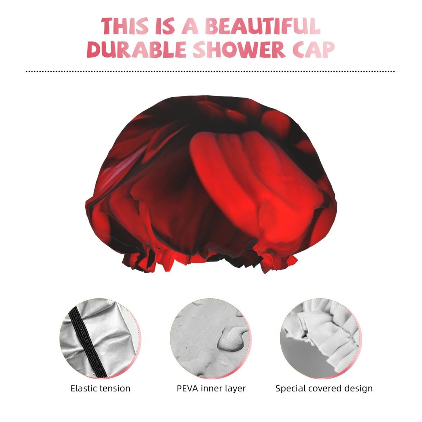 Red Flower on Black Shower Cap for Women Men Large Reusable Shower Bonnet Double-Layer Waterproof Bath Caps Elastic Band Hair Hat for All Hairstyles Beauty and Personal Care BWLHJKE