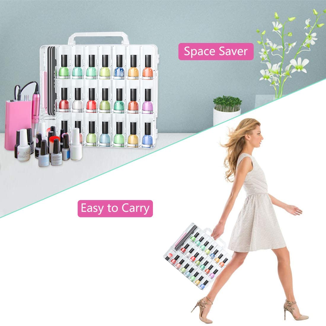 JIASHENG Nail Polish Organizer Case for 48 Bottles, Gel Nail Polish Storage Holder Double Side Adjustable Space Divider for Acrylic Nail Gel Dip Beauty & Personal Care JIASHENG