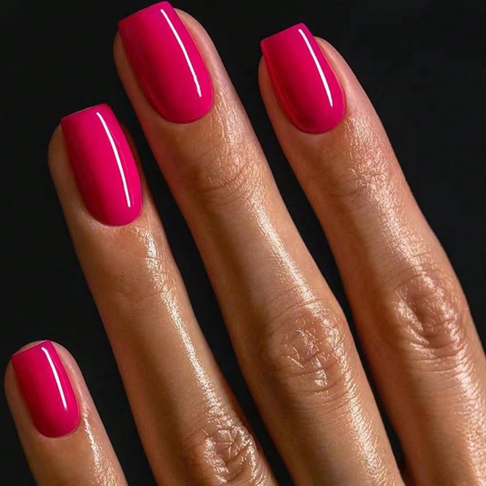 Gel Nail Polish Press on Nails Short, Handmade Hot Pink Fake Nails Medium Square Shape UV Jelly Finish Glue on Nails for Women Acrylic False Nail Kits Beauty & Personal Care GLAMERMAID