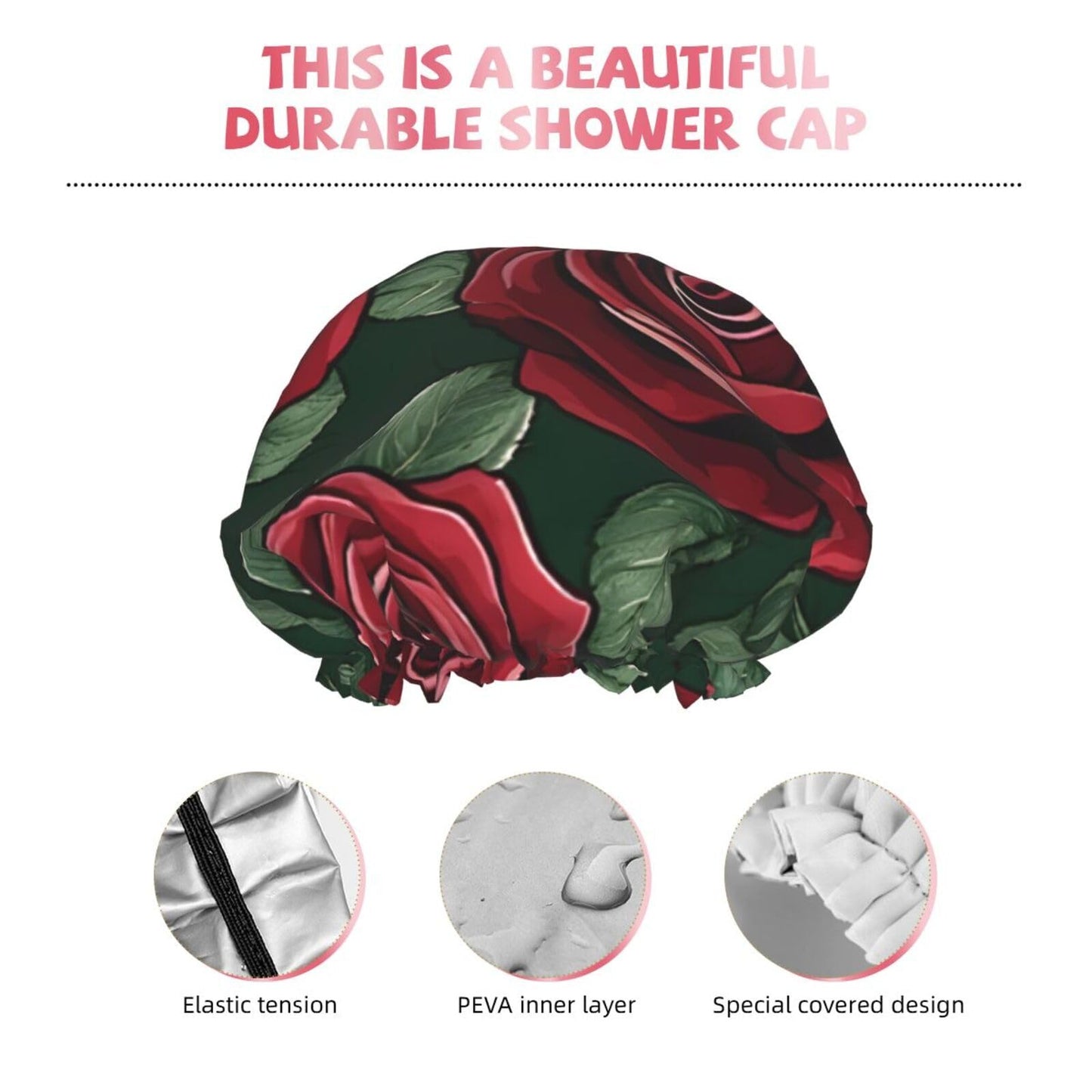 Red Rose Printed Double Layer Lined Shower Cap,Shower Caps For Women Reusable Beauty and Personal Care BEIVGOXL
