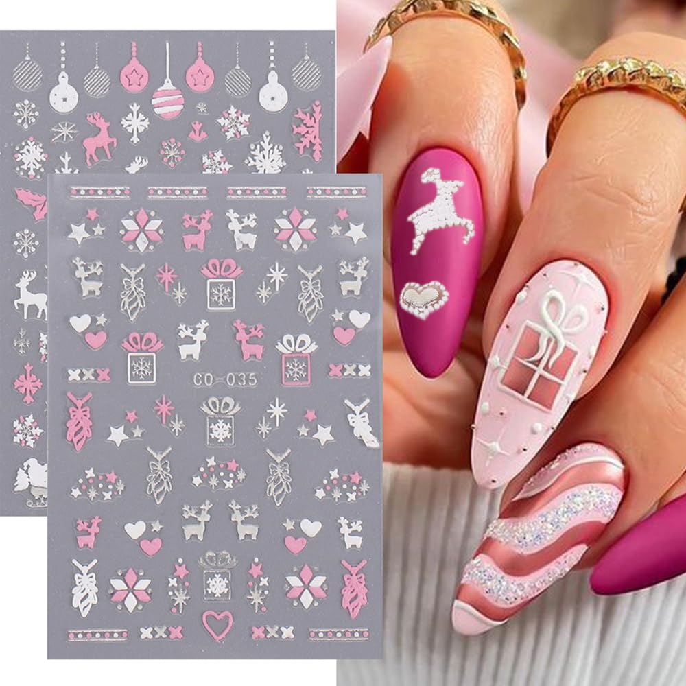 Christmas Nail Art Stickers, 8Sheets 5D Embossed Snowflake Nail Decals Pink White Snowflake Bell Elk Snowmen Xmas Tree Winter Nail Design DIY Beauty & Personal Care Qdsuh
