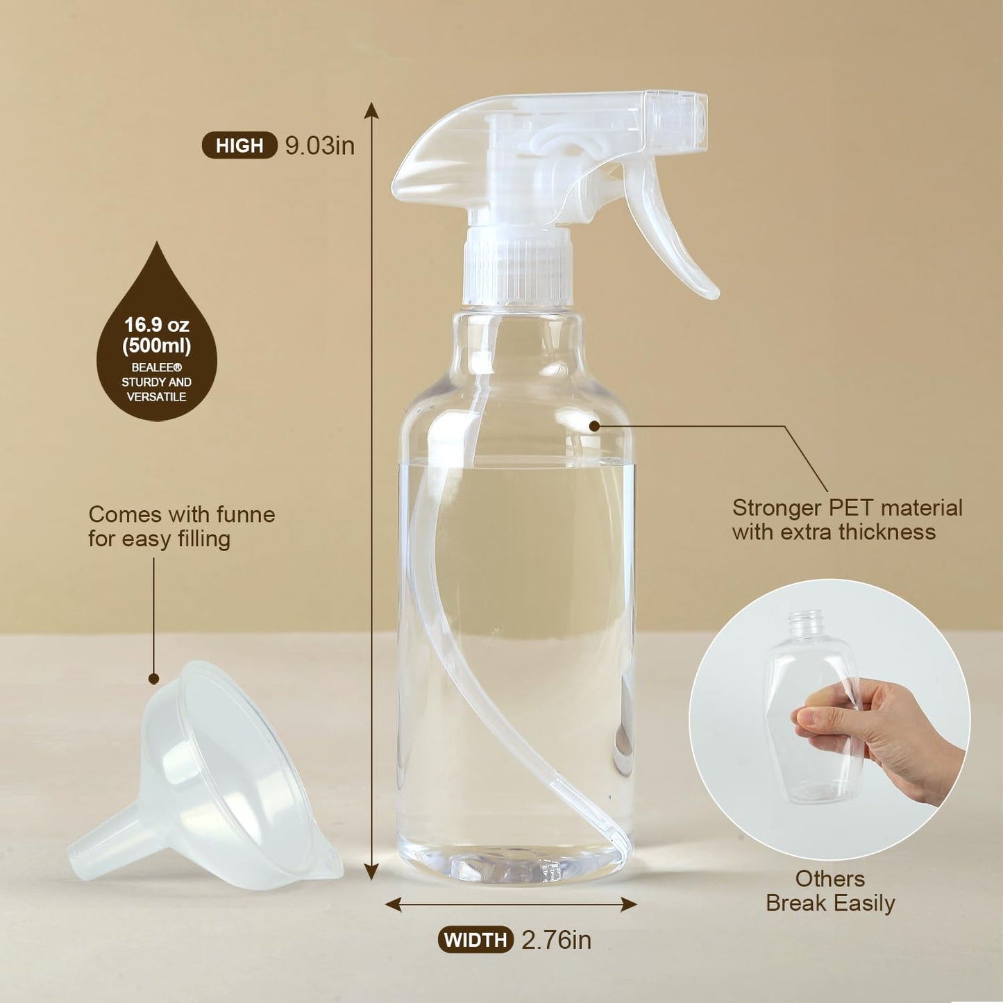Plastic Spray Bottles, 2-Pack, 16.9 Oz, Mist & Stream, Heavy Duty Spraying, Empty Water Spray Bottle for Cleaning Solutions, Essential Oils, Hair Beauty and Personal Care Bealee