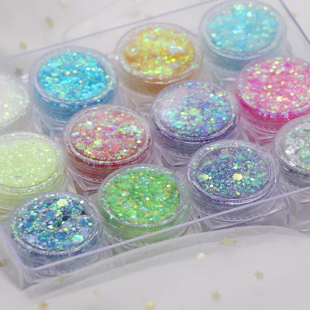 IYARKAI® Glitter Gel Makeup, Iridescent Glitter Set 12 Colours, Glitter Powder Kit, Glitter Cosmetic for Face Nails Eyes Lips Hair Body, Music Beauty & Personal Care IYARKAI