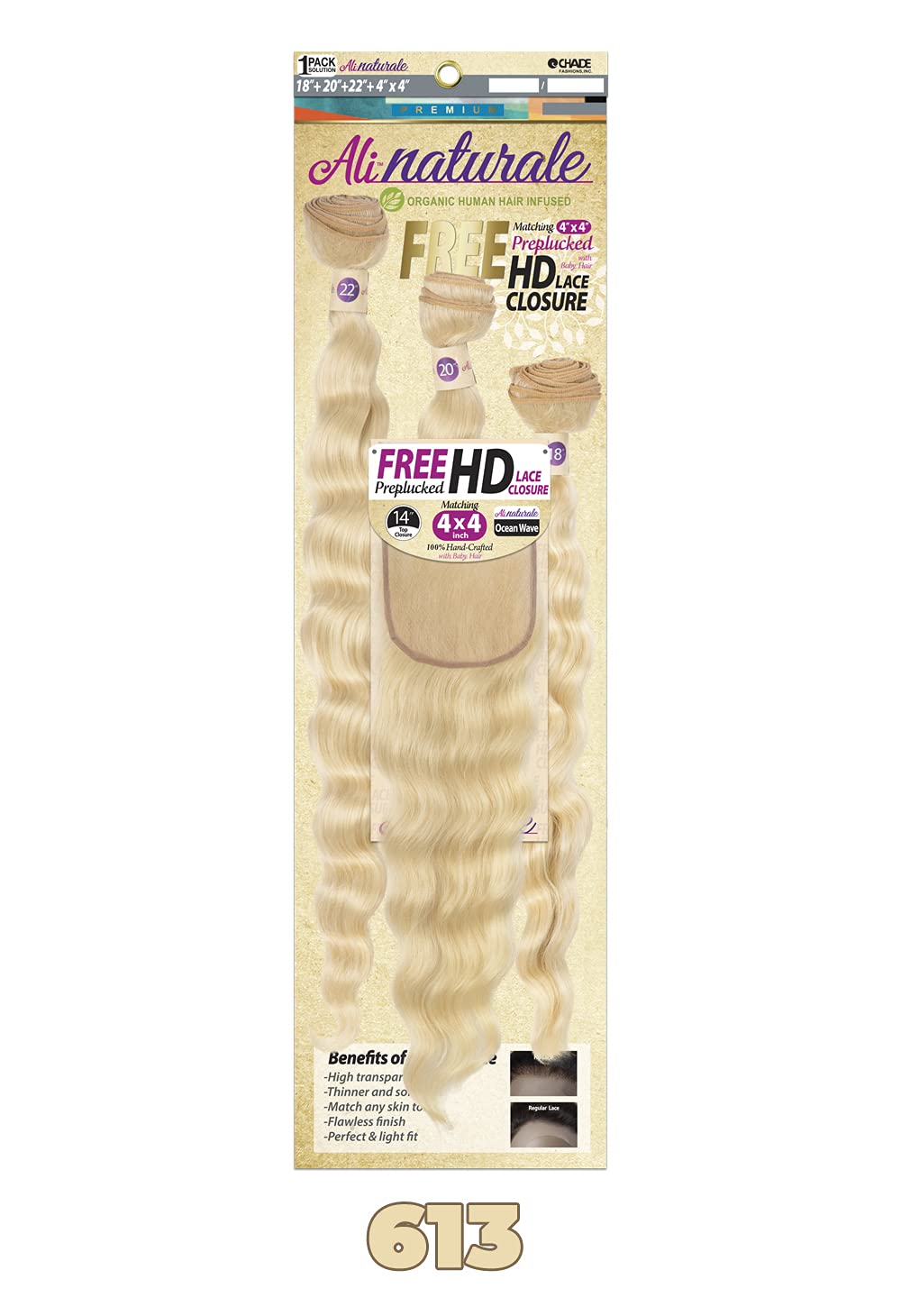 Chade Fashions Ali Naturale Weave Ocean Wave 18", 20", 22" + HD 4X4 Closure Human Hair Blended 1 Pack Solution - AN344O5 (OT1B/30)