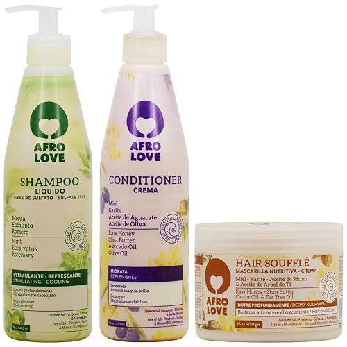 Afro Love Hair Care Set - Shampoo (16oz), Conditioner (16oz), and Hair Soufflé (16oz) - Moisturizing & Nourishing for Curly, Kinky & Coily Hair Beauty & Personal Care Afro Love