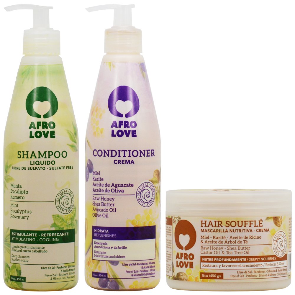 Afro Love Hair Care Set - Shampoo (16oz), Conditioner (16oz), and Hair Soufflé (16oz) - Moisturizing & Nourishing for Curly, Kinky & Coily Hair Beauty & Personal Care Afro Love