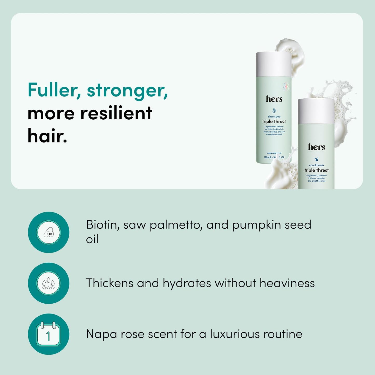 hers Triple Threat Shampoo & Conditioner Set - Biotin, Saw Palmetto, & Pumpkin Seed Oil Formula - Thickens & Hydrates - Color-Safe, Paraben-Free Beauty & Personal Care Hers