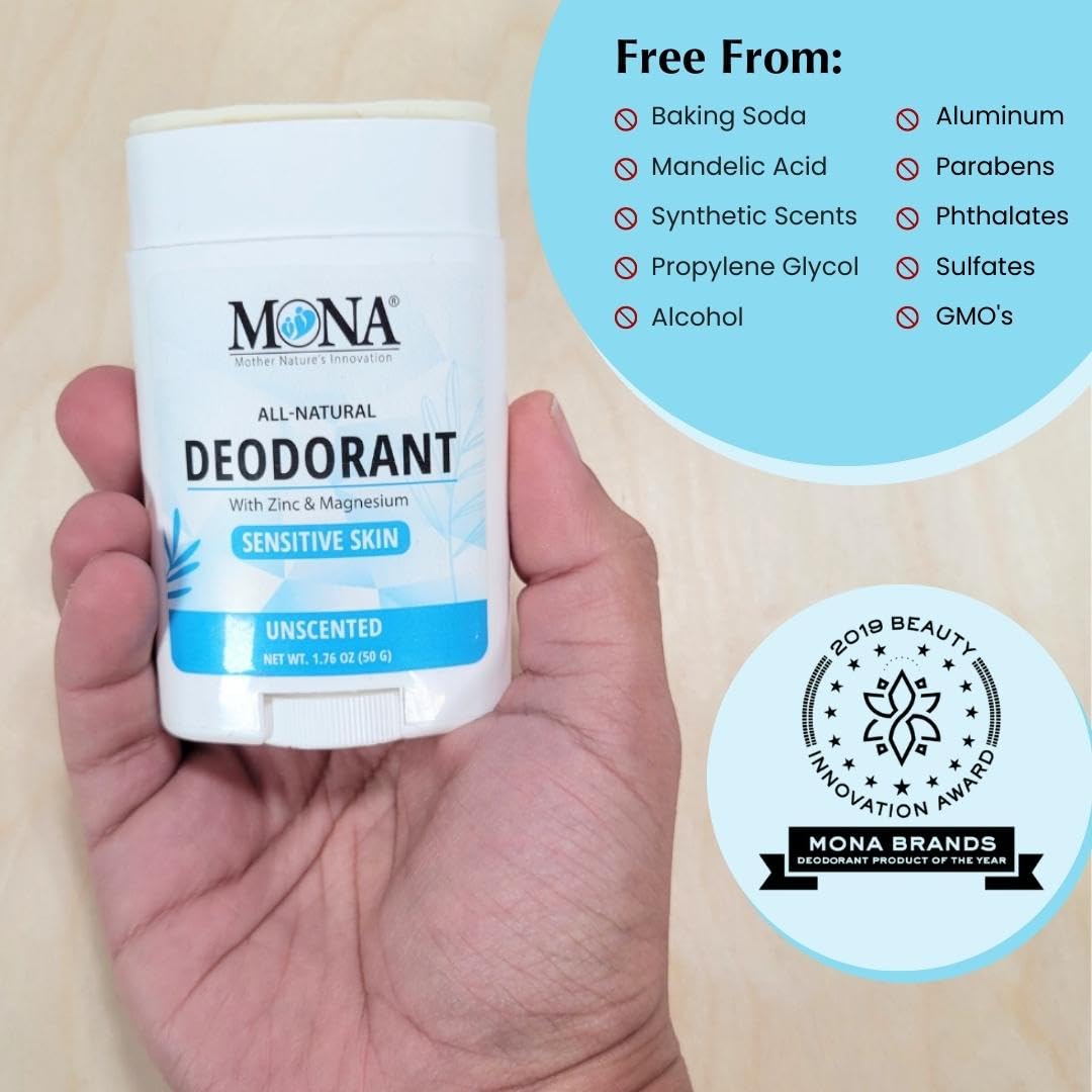 MONA BRANDS All Natural Deodorant For Women & Men - For Sensitive Skin - No Aluminum or Baking Soda - (2-Pack UNSCENTED 1.76 Oz each) Beauty and Personal Care MONA