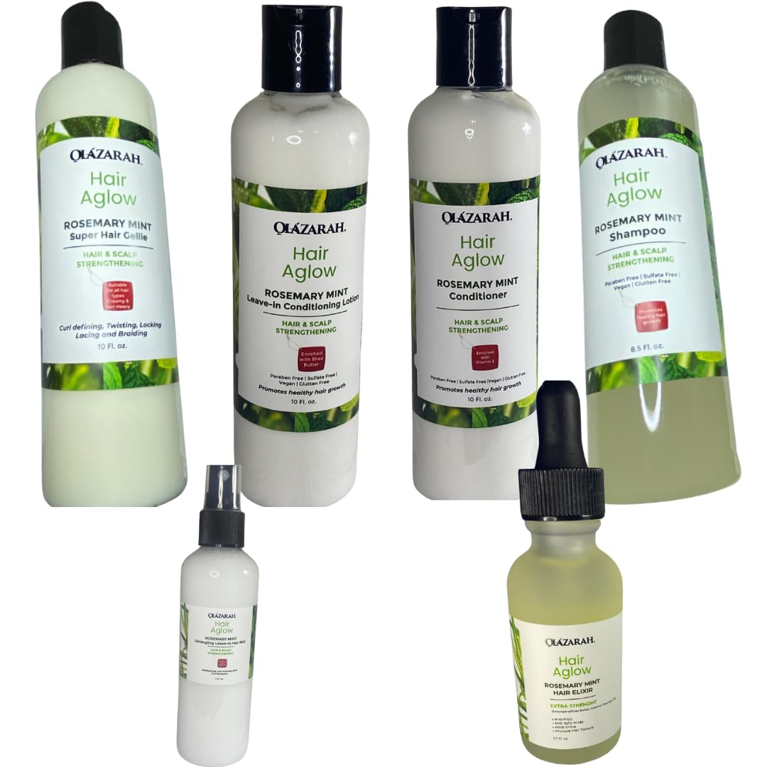 Rosemary & Mint Hair & Scalp Bundle | Strengthening Shampoo, Conditioner, Leave-In Conditioner, Leave-In Mist Spray, Oil Serum & Styling Gellie Beauty & Personal Care OLAZARAH