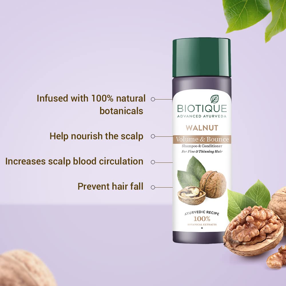 Biotique Walnut Bark Volumizing Shampoo For Fine & Thinning Hair 190 ml/ 6.42 Oz. I Makes Hair Healthy, Silky, Shiny And Pure Natural Black I Musk