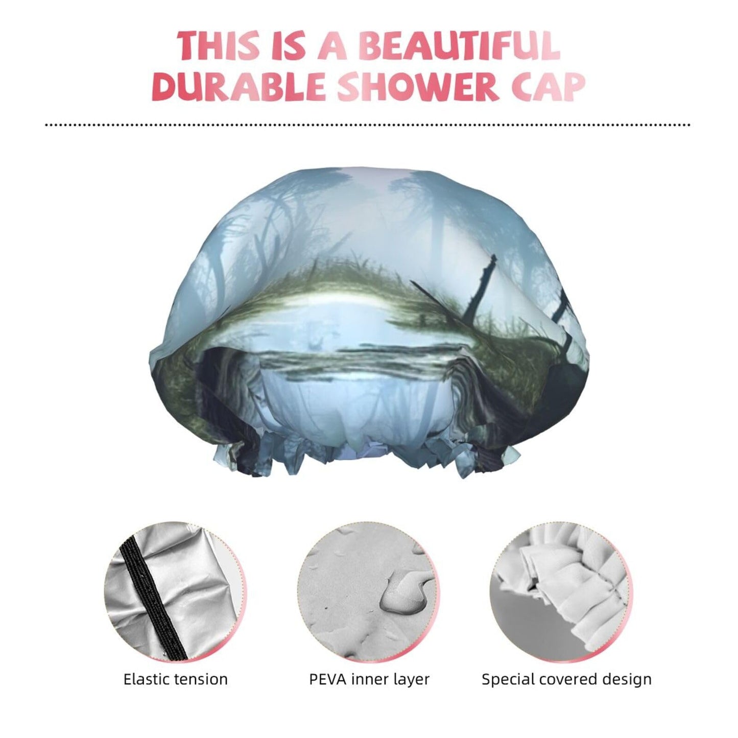 Swamp Landscape Shower Cap for Women Men Large Reusable Shower Bonnet Double-Layer Waterproof Bath Caps Elastic Band Hair Hat for All Hairstyles Beauty and Personal Care BWLHJKE