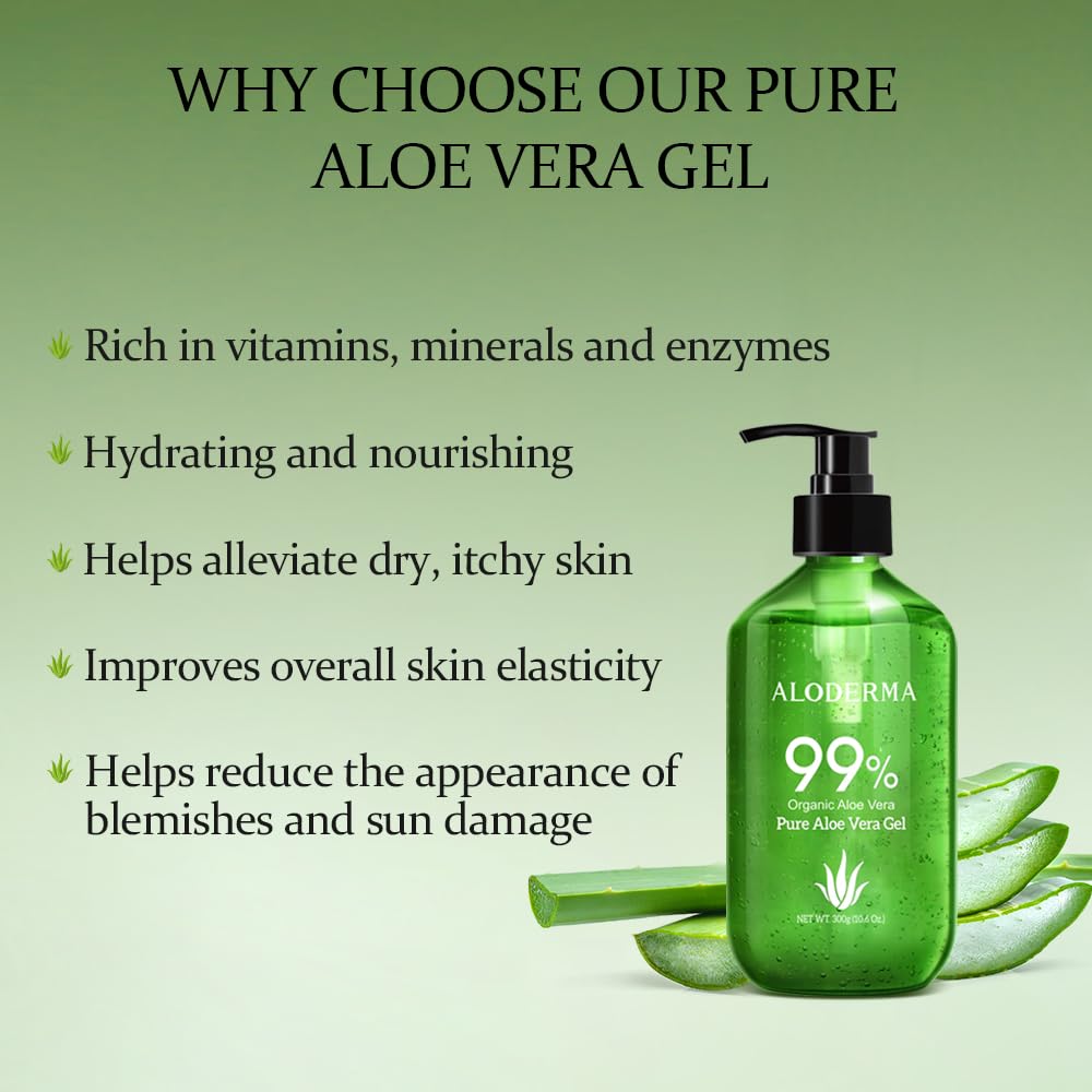 Aloderma 99% Organic Aloe Vera Gel Made within 12 Hours of Harvest - Lightweight, Non-Sticky Aloe Gel for Face Body, Hair, & Scalp, After Sun Relief Beauty & Personal Care Aloderma