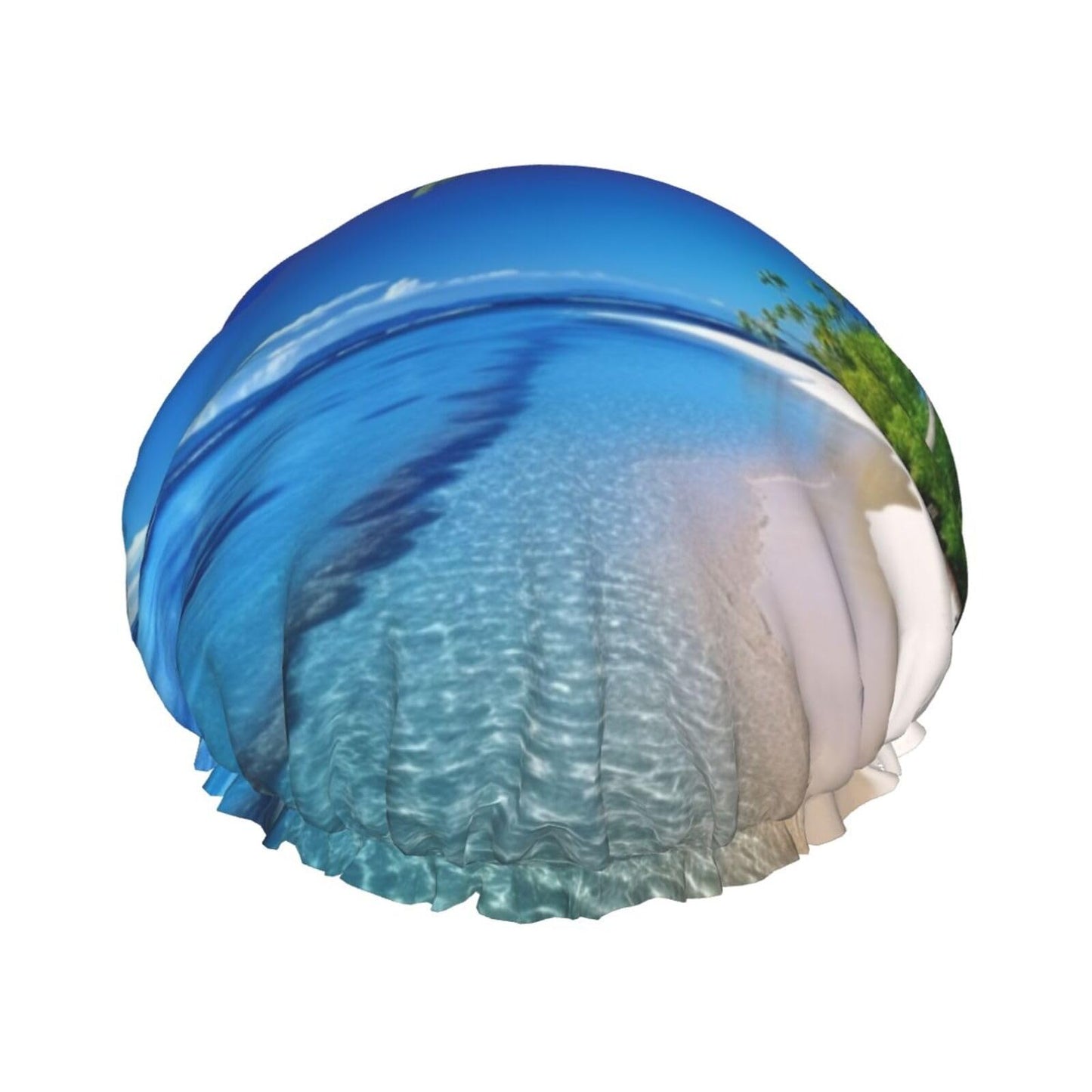 Blue Sea Coconut Tree Shower Cap for Women Men Large Reusable Shower Bonnet Double-Layer Waterproof Bath Caps Elastic Band Hair Hat for All Beauty and Personal Care BWLHJKE