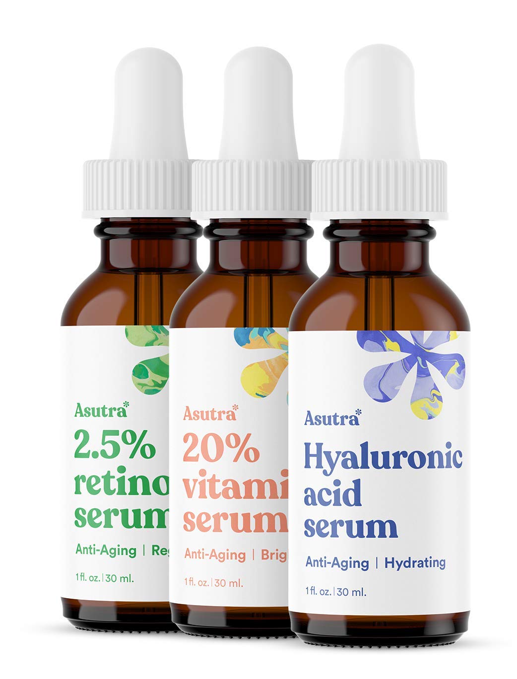 ASUTRA Face Serum Variety Pack, 3 Products - 1 fl oz 2.5% Retinol, 1 lf oz 20% Vitamin C, 1 fl oz Hyaluronic Acid Face Serum Beauty & Personal Care ASUTRA