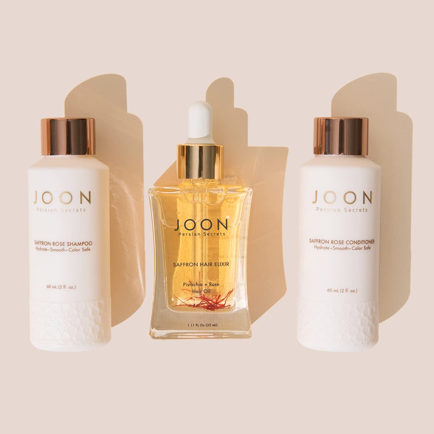 Joon Moisturizing Travel Size Gift Set | Saffron Hair Elixir (1.11 fl oz), Saffron Rose Shampoo (2 fl oz) and Conditioner (2 fl oz) Beauty & Personal Care Joon
