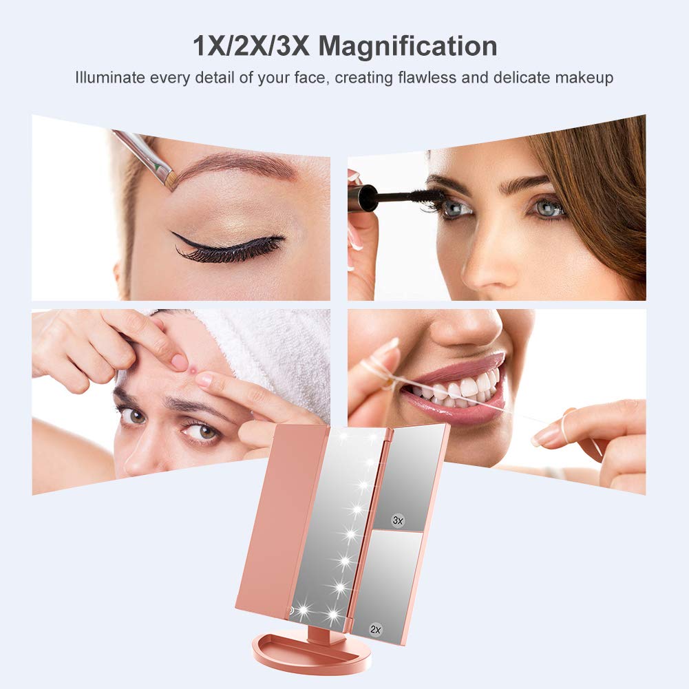 WEILY Makeup Mirror with 21 LED Lights,Two Power Supply, Touch Screen and 1x/2x/3x Magnification Tri-Fold Vanity Mirror for Makeup Desk(Rose Gold) Beauty & Personal Care WEILY