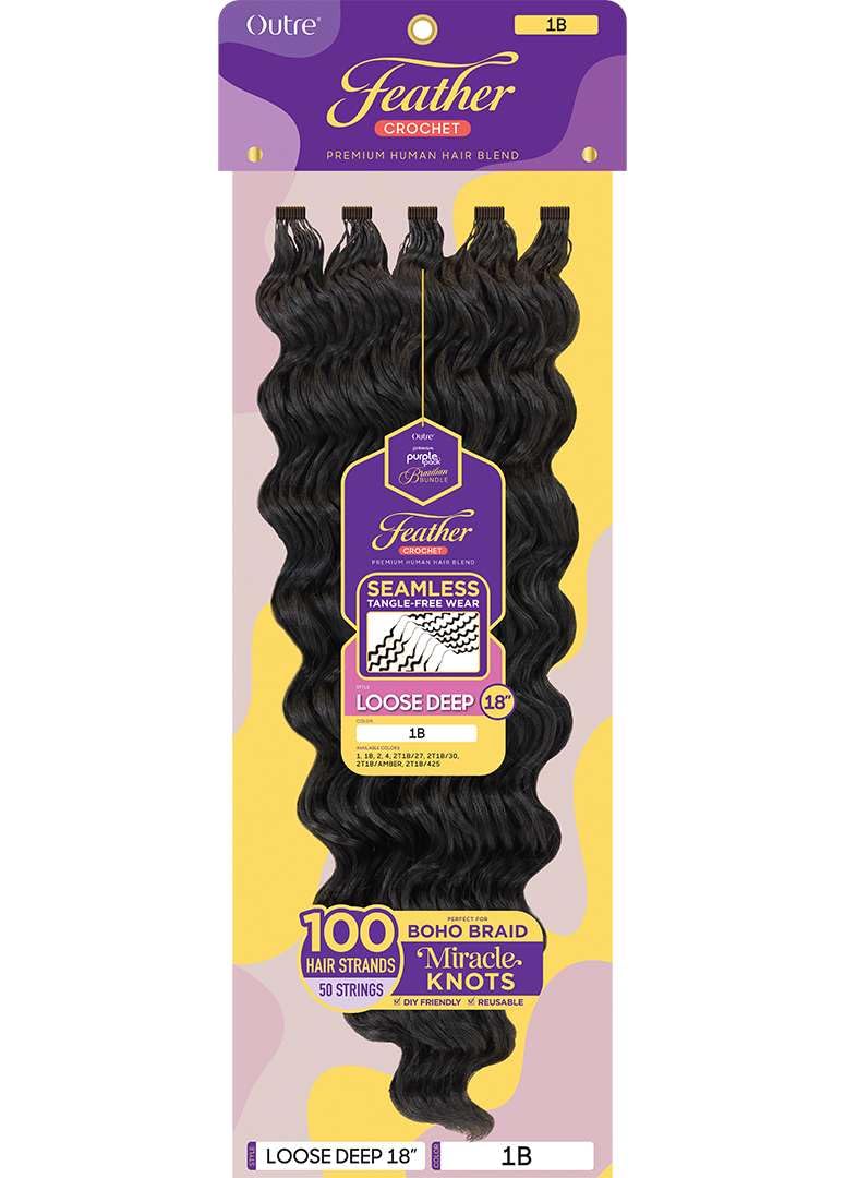 Outre Purple Pack Brazilian Premium Human Hair Blend Feather Crochet Braid - Loose Deep 18" (JET BLACK 1)
