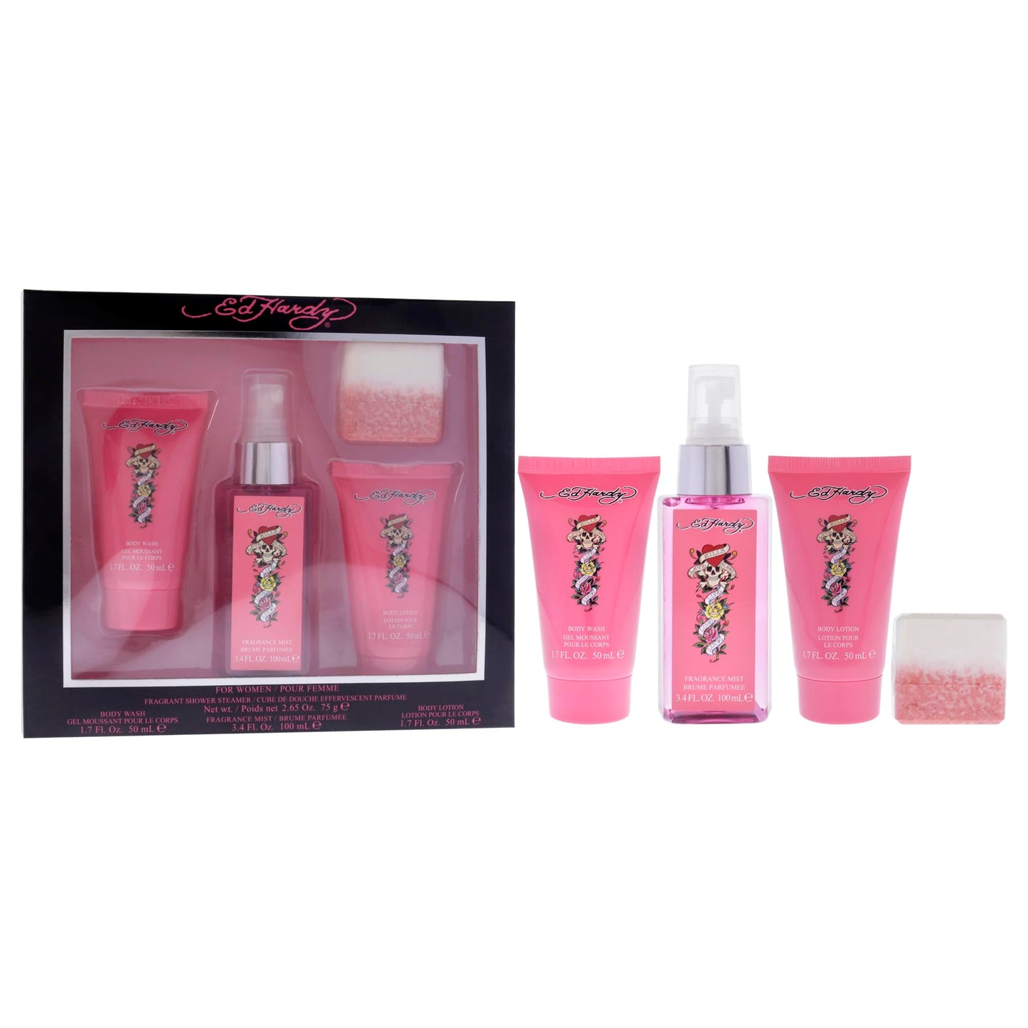 Ed Hardy 4 Pieces Gift Set for Women, (3.4 Ounce Body Mist + 1.7 Ounce Body Lotion + 1.7 Ounce Body Wash + 2.65 Ounce Shower Steamer) Beauty & Personal Care ED HARDY