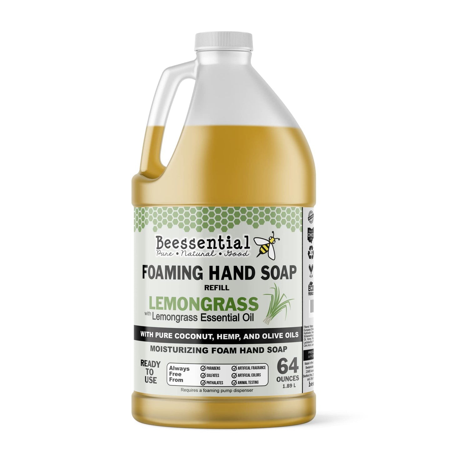 Beessential All Natural Bulk Foaming Hand Soap Refill, 64 oz Lemongrass | Made with Moisturizing Aloe & Honey - Made in the USA Beauty & Personal Care Beessential