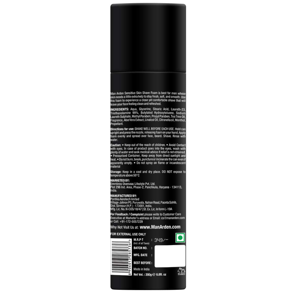 Man Arden Man Arden Shaving Foam For Sensitive Skin - Charged with Menthol, Aloevera and Tea Tree, 200g Beauty and Personal Care Man Arden
