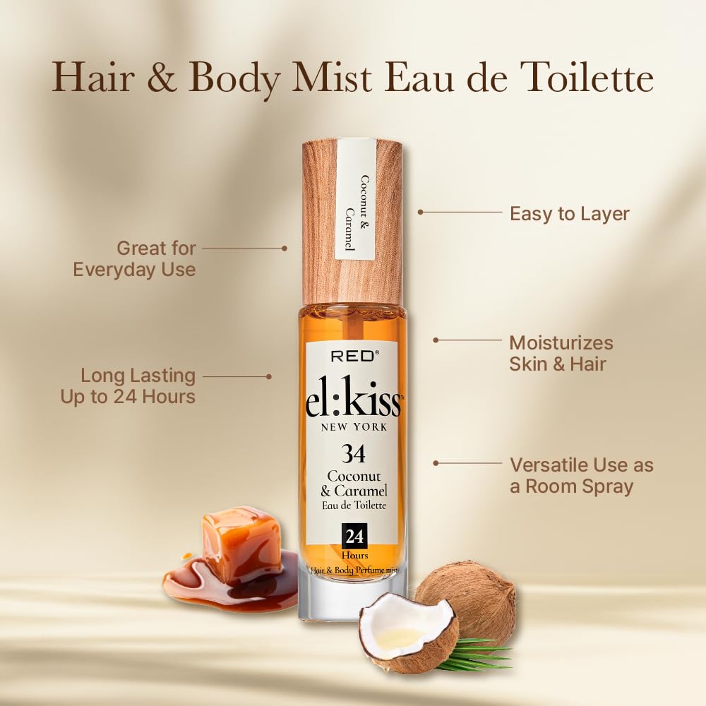 EL:KISS Hair Perfume & Body Mist, Coconut & Caramel Eau de Toilette 30mL (1.01 Fl Oz), Hydrating & Long-Lasting, Alcohol-Free & Mineral Oil-Free Beauty & Personal Care EL:KISS