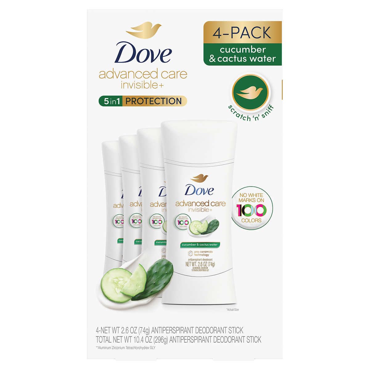 Dove Advanced Care Invisible+ Antiperspirant Deodorant Stick, Cucumber and Cactus Water, 2.6 oz, 4 ct Beauty and Personal Care Dove