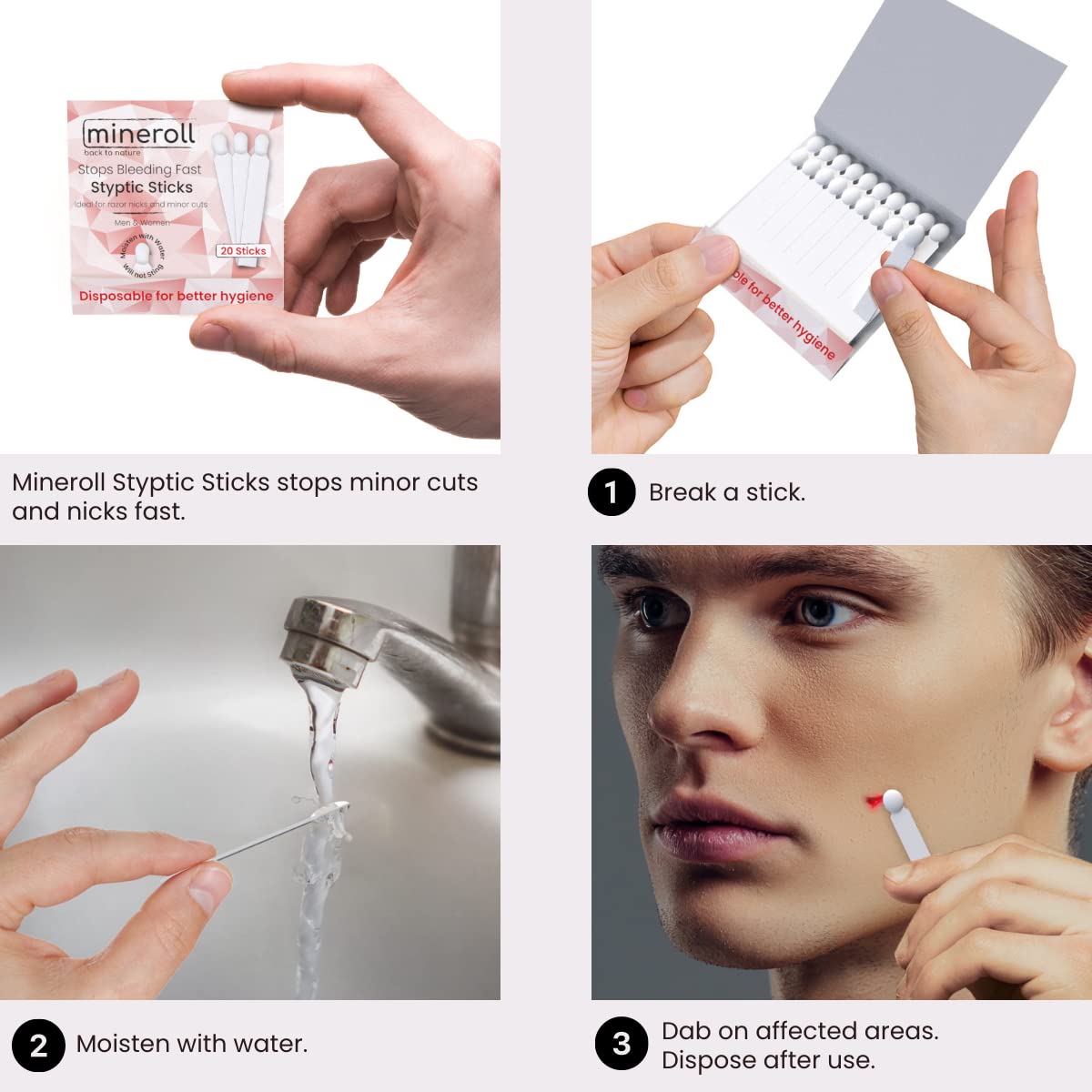 Mineroll Styptic Stick Shave Accessories (4-Packs, 80-Sticks) Stops Bleeding for Razor Nicks and Minor Cuts for Men & Women, Sanitary and Great Beauty and Personal Care MINEROLL