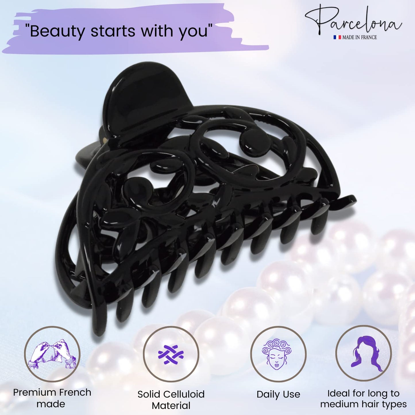 Parcelona French Jardin Black Medium Covered Spring Celluloid Jaw Hair Claw Clip Clamp Clutcher Beauty & Personal Care Parcelona