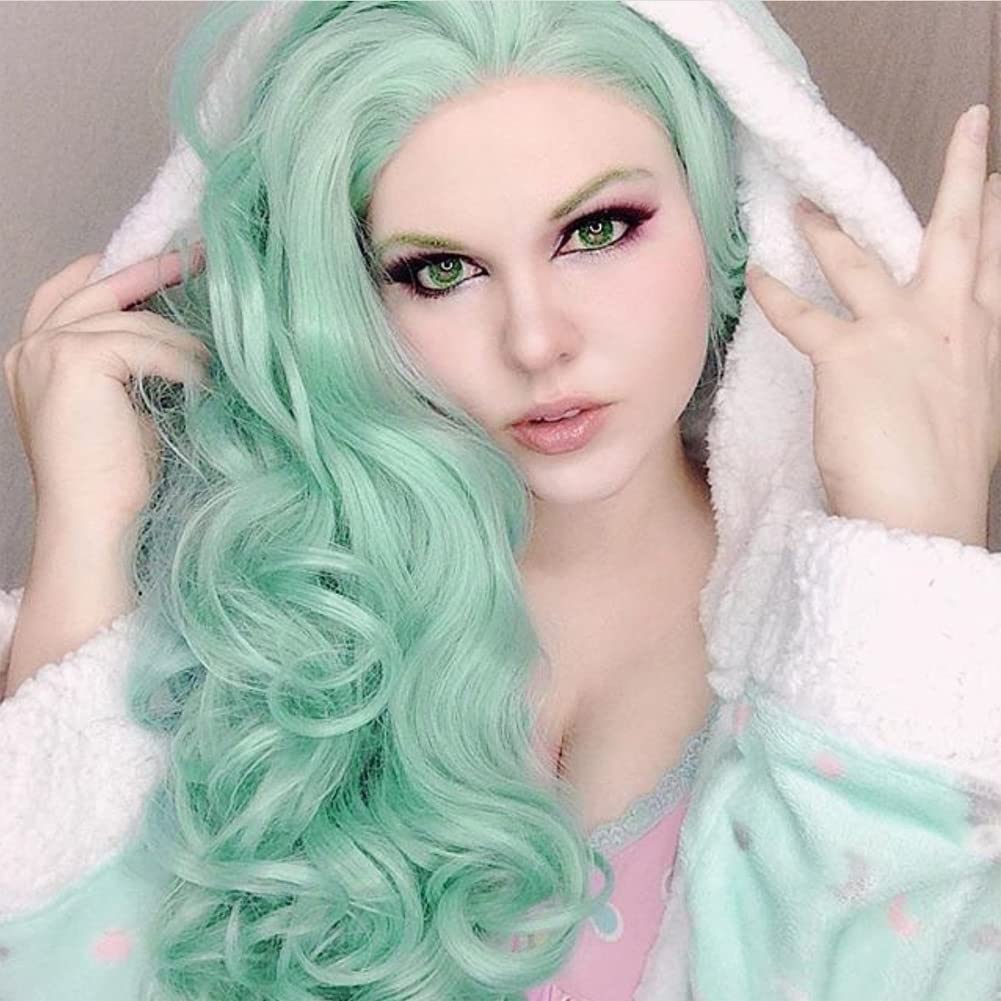 Kalisa Mint Green Lace Front Wig Long Wavy Blue Green Side Part Natural Hairline Wig Synthetic Curly Pre Plucked Wig Heat Resistant Glueless Wigs for