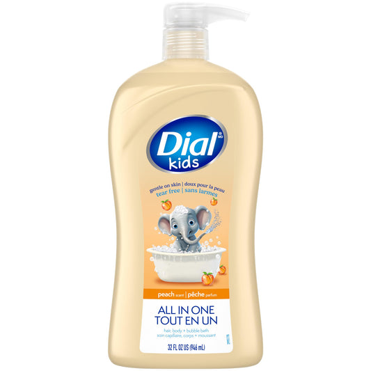 Dial Kids All-in-1 Body + Hair + Bubble Bath, Peach Scent, 32 Fl Oz, Hypoallergenic Body Wash & Shampoo, No Tears Formula for Kids 2+ Years, No Beauty & Personal Care Dial